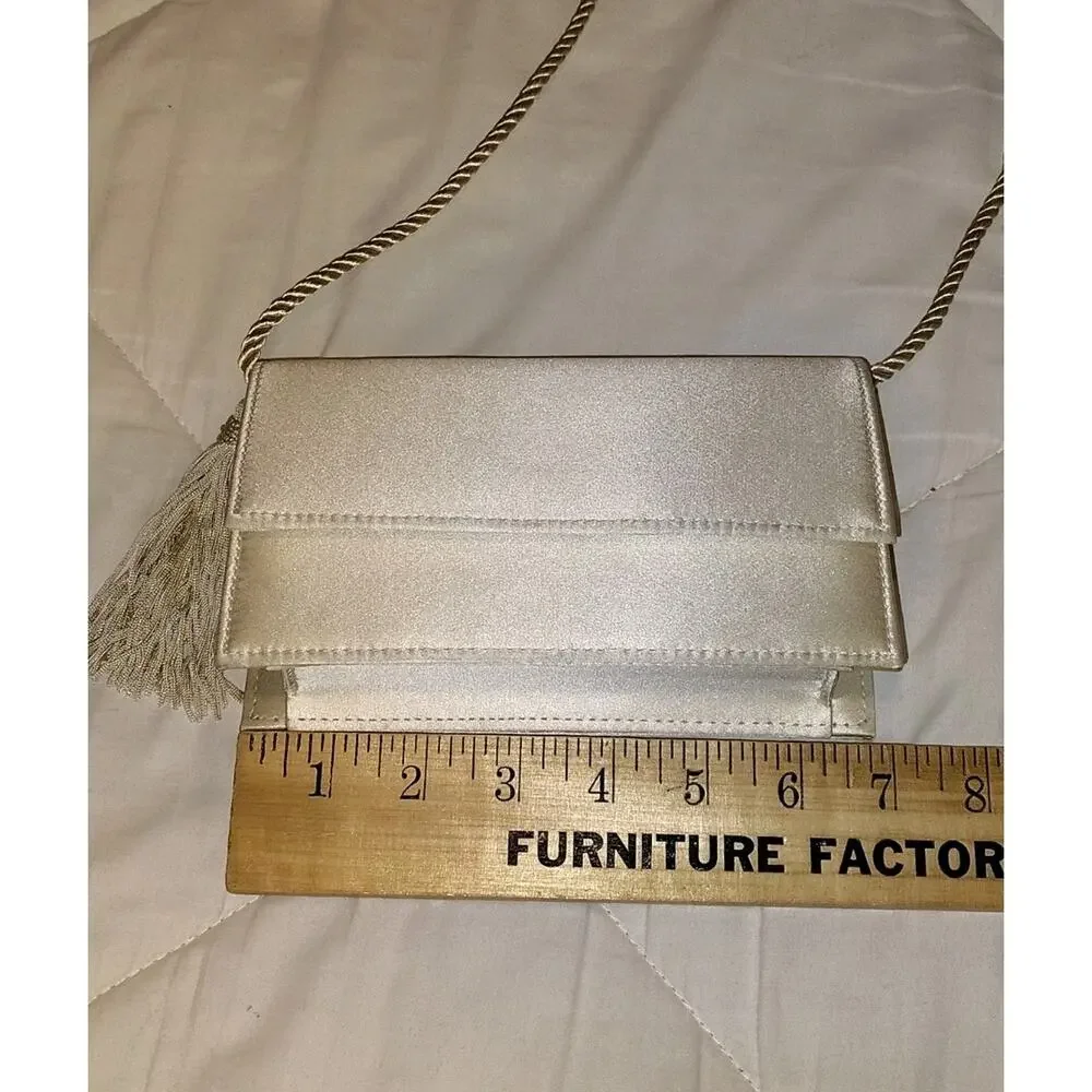 NWOT 100% Pure Silk Champagne Gold Flap Evening Clutch Crossbody Bag Tassel